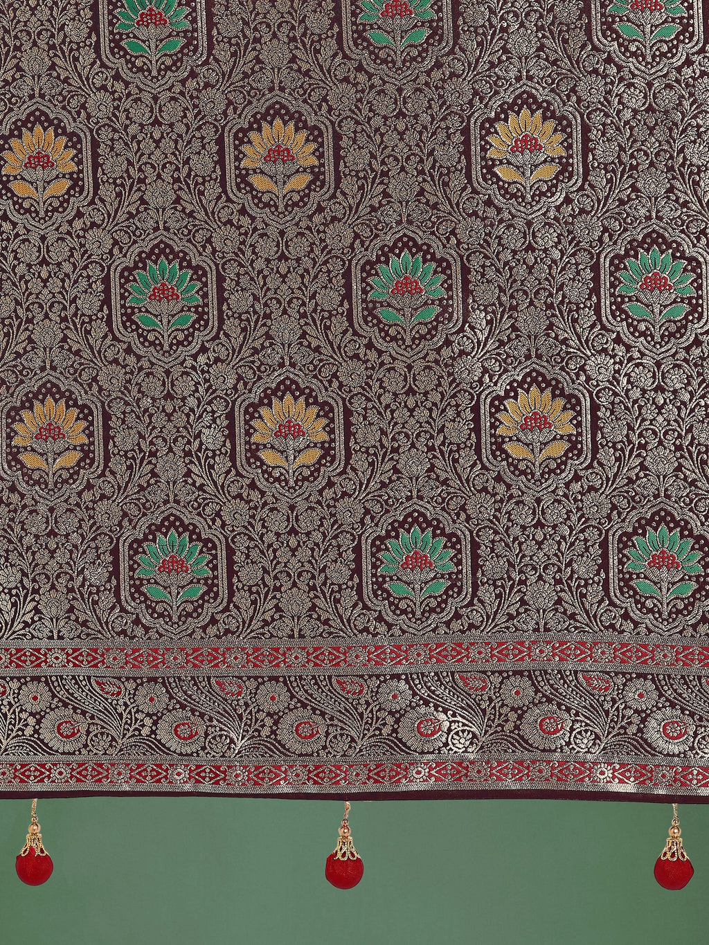 Monjolika Fashion Maroon Zari Woven Banarasi Classic Satin Silk Saree
