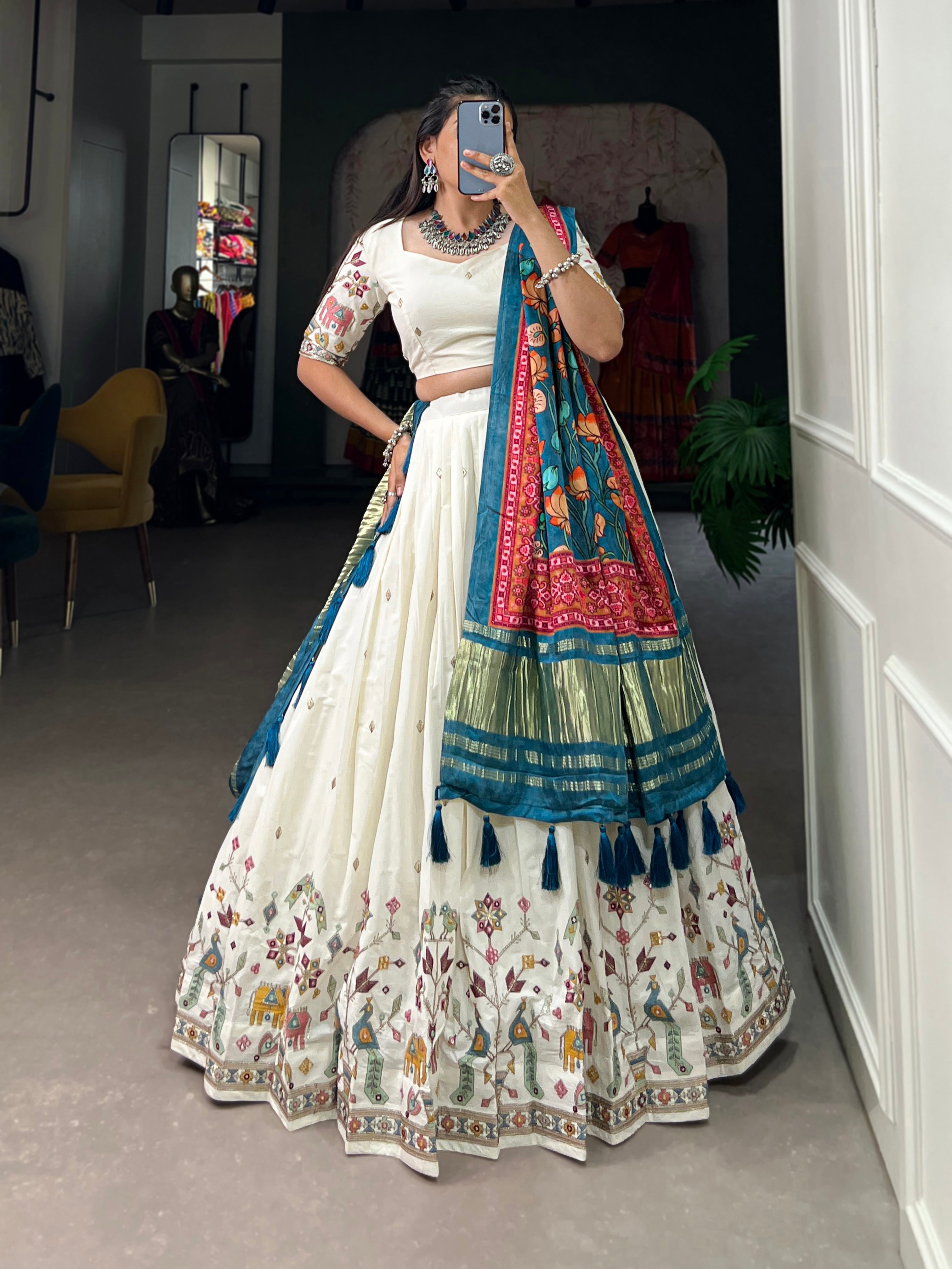 Lorenvalley Off White Khadi cotton Sequins And Thread Embroidery Work Lehenga Choli