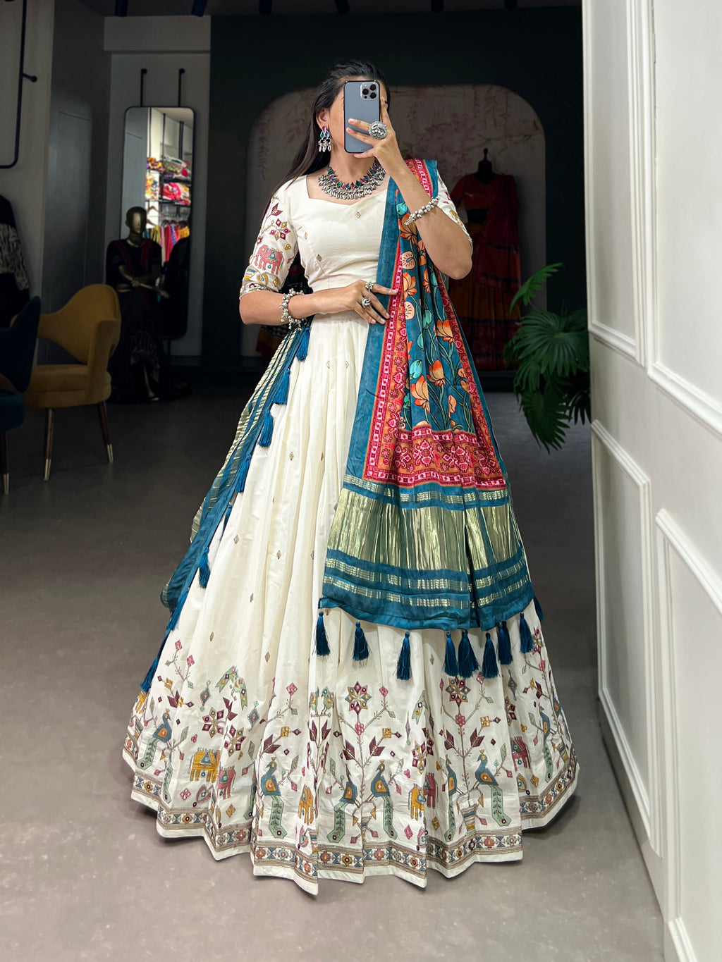 Lorenvalley Off White Khadi cotton Sequins And Thread Embroidery Work Lehenga Choli