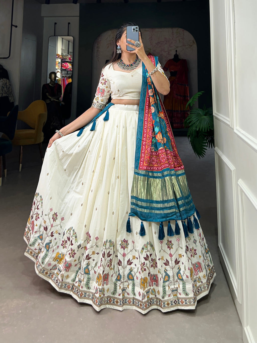 Lorenvalley Off White Khadi cotton Sequins And Thread Embroidery Work Lehenga Choli