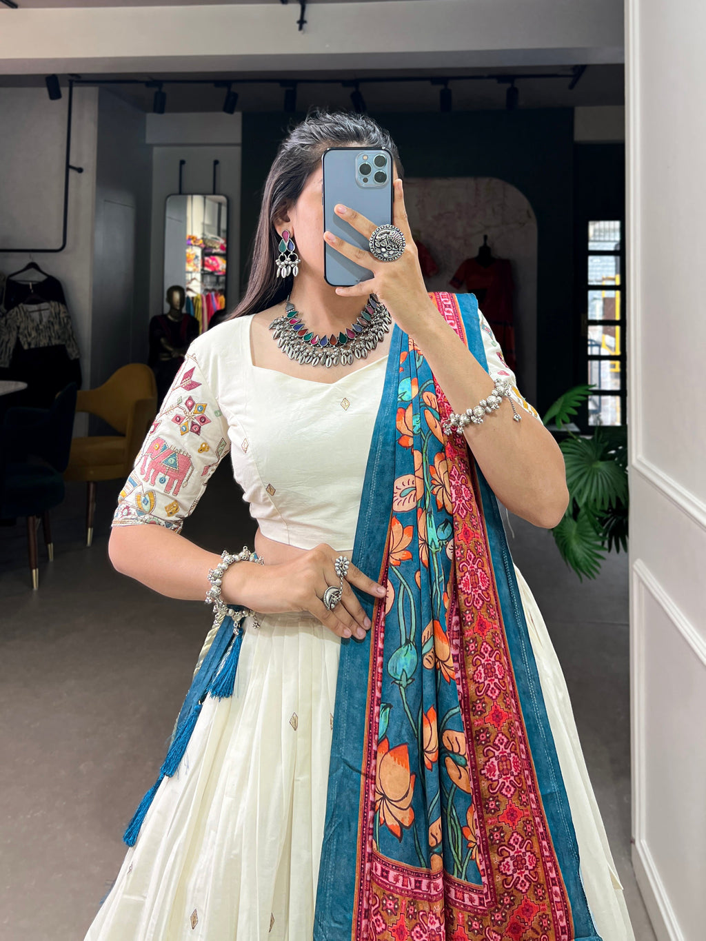 Lorenvalley Off White Khadi cotton Sequins And Thread Embroidery Work Lehenga Choli