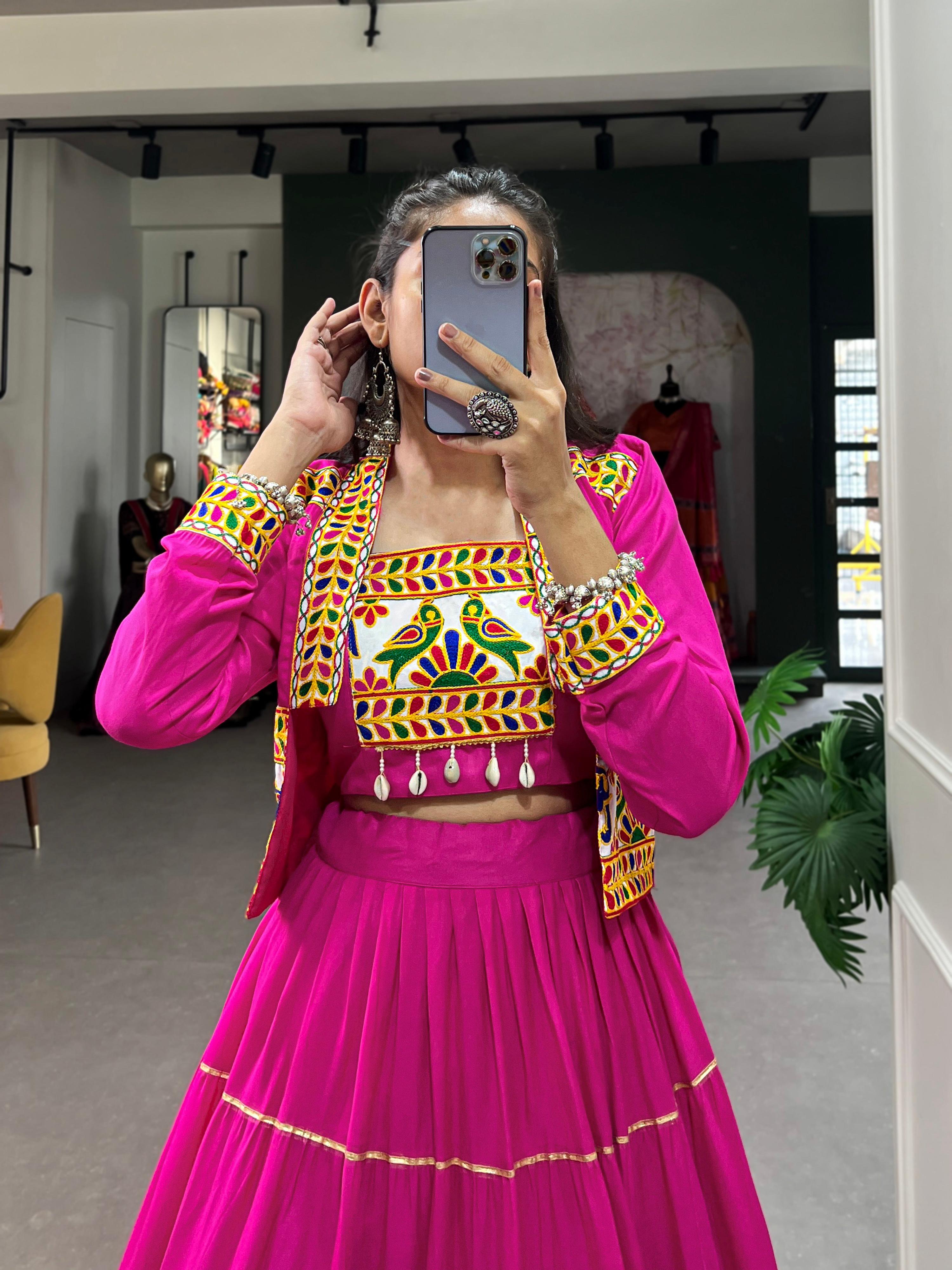 Lorenvalley Fashion Pink Pure Rayon Plain With Gota Patti Touch Up Lehenga Choli with Koti