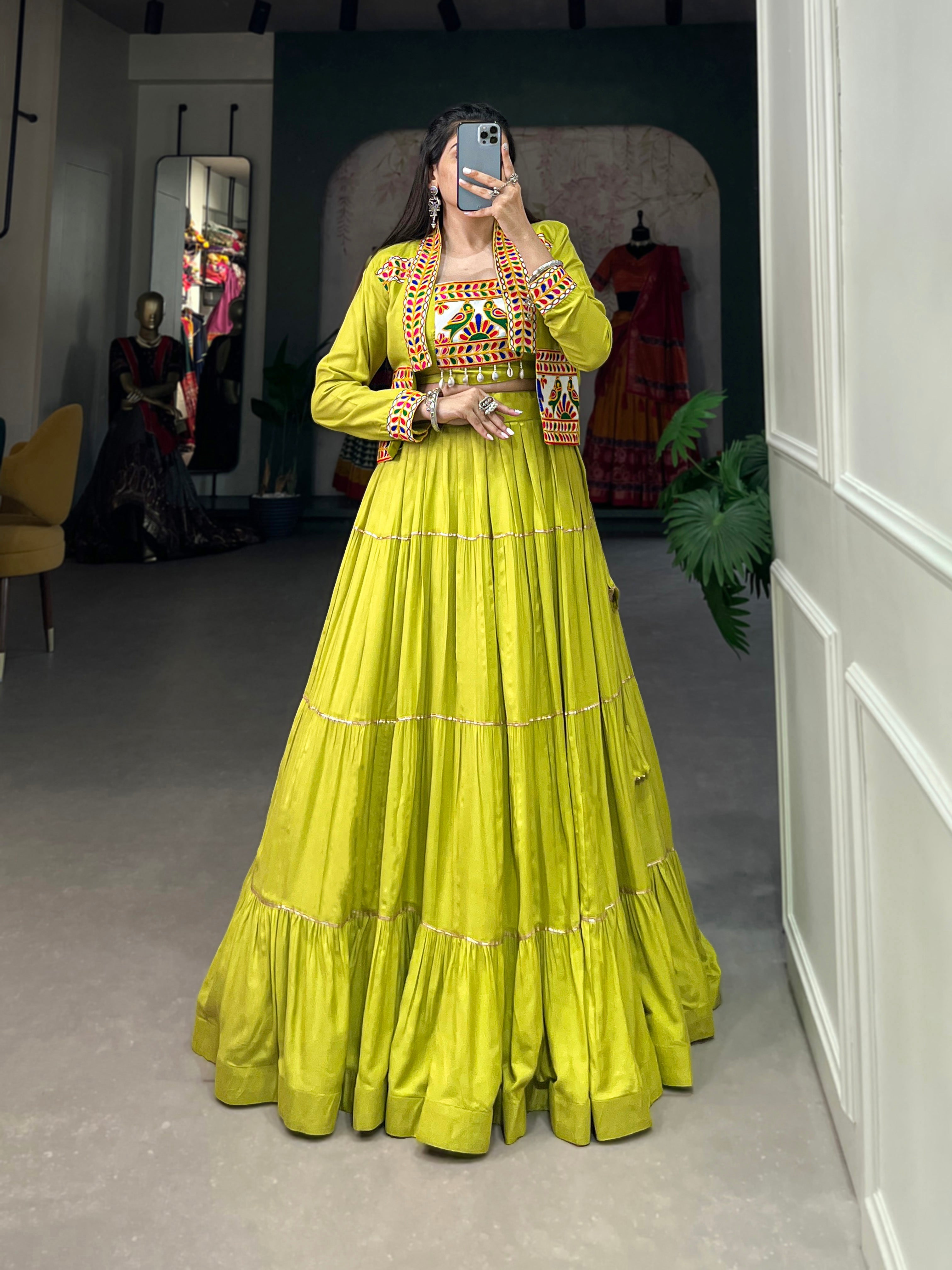 Lorenvalley Fashion Parotgreen Pure Rayon Plain With Gota Patti Touch Up Lehenga Choli with Koti