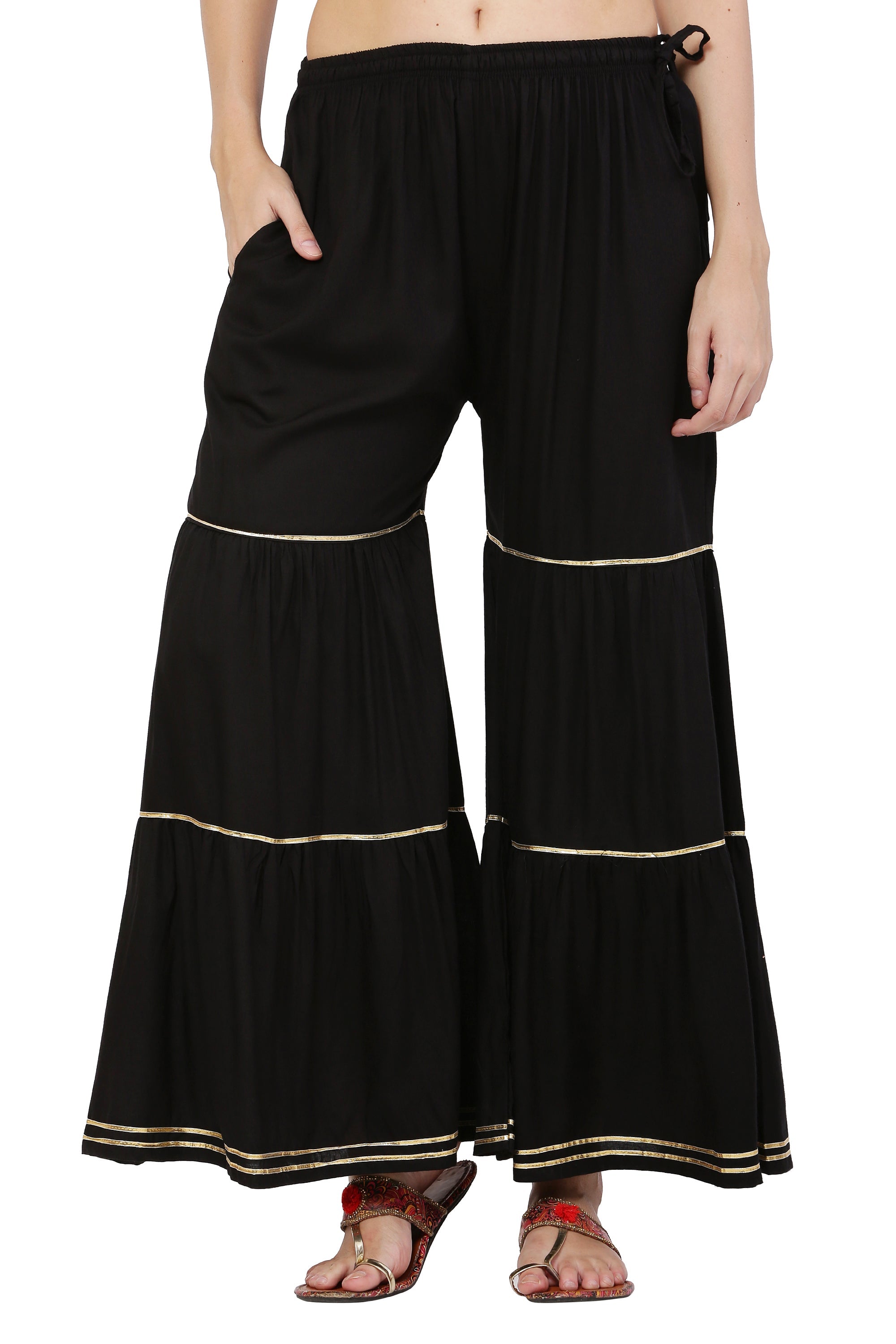 PAVONINE Black Color 3-Panels Golden Gota Flared Sharara For Women