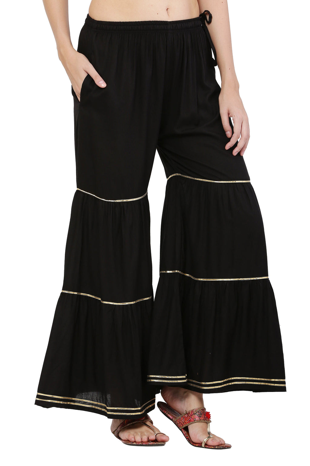 PAVONINE Black Color 3-Panels Golden Gota Flared Sharara For Women