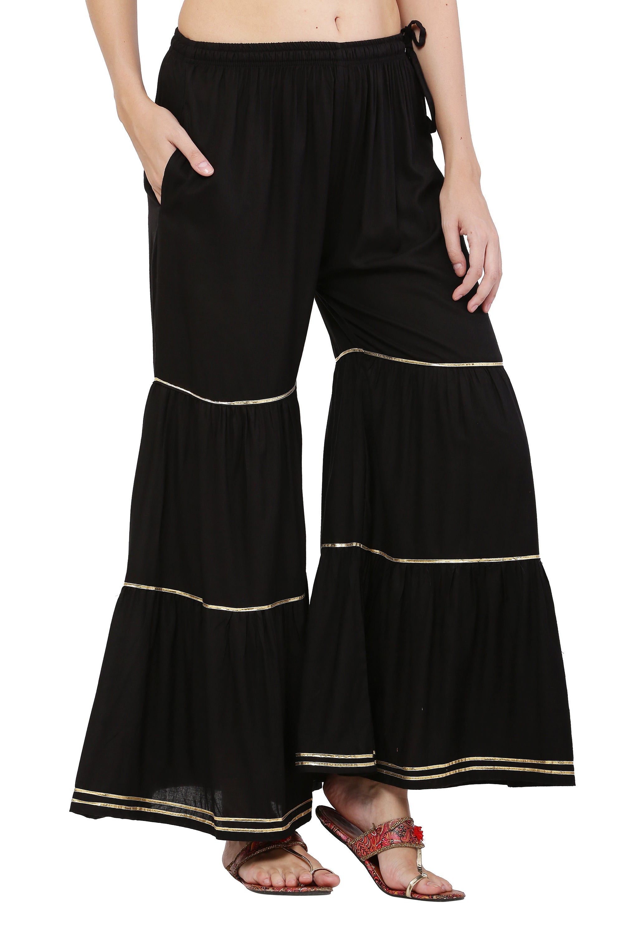 PAVONINE Black Color 3-Panels Golden Gota Flared Sharara For Women
