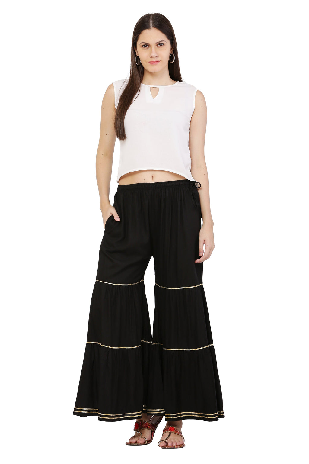 PAVONINE Black Color 3-Panels Golden Gota Flared Sharara For Women