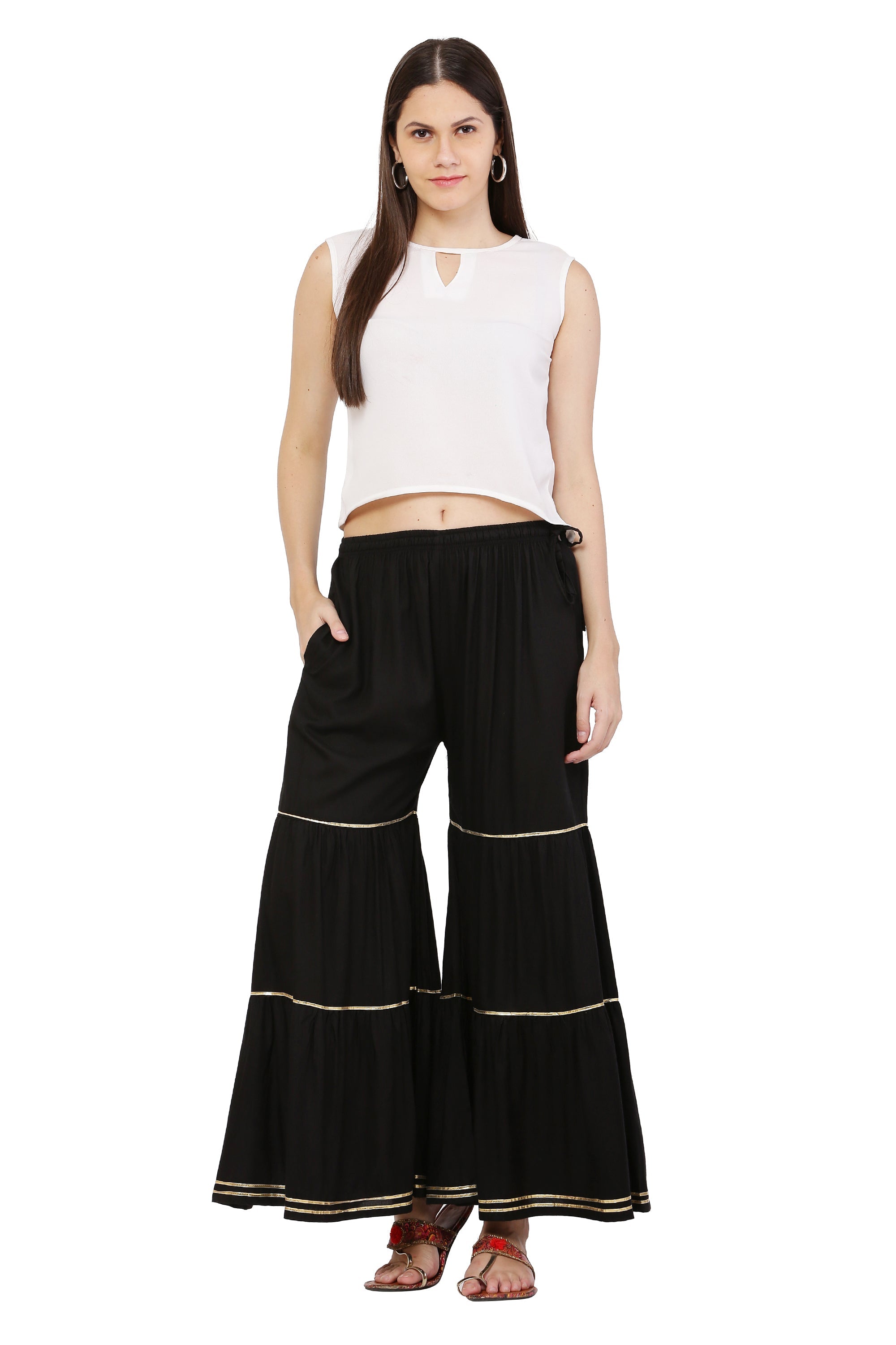 PAVONINE Black Color 3-Panels Golden Gota Flared Sharara For Women