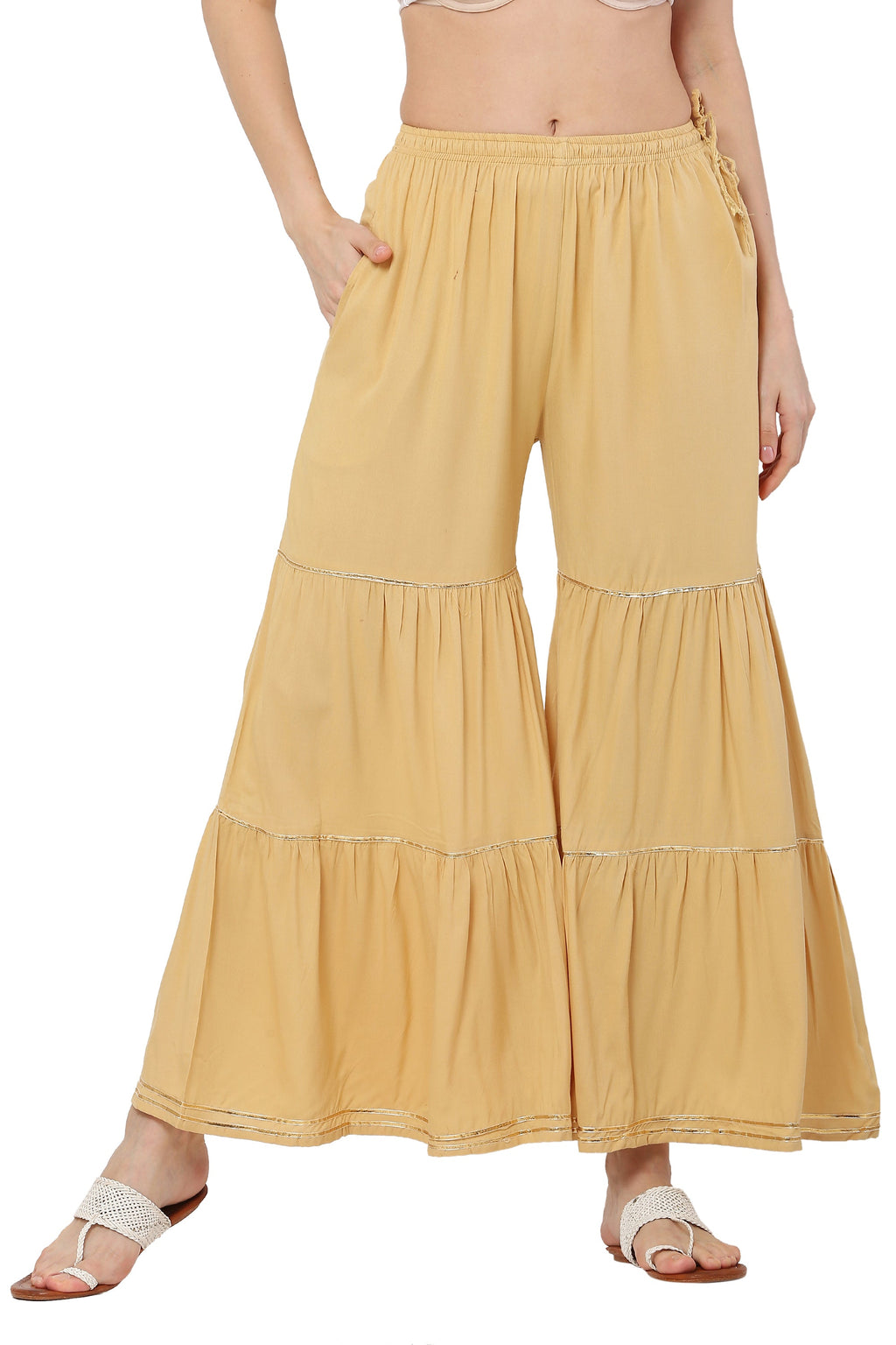 PAVONINE Beige Color 3-Panels Golden Gota Flared Sharara For Women