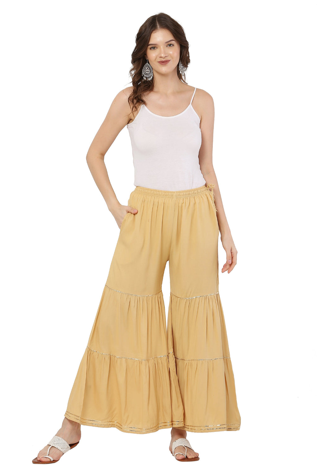 PAVONINE Beige Color 3-Panels Golden Gota Flared Sharara For Women