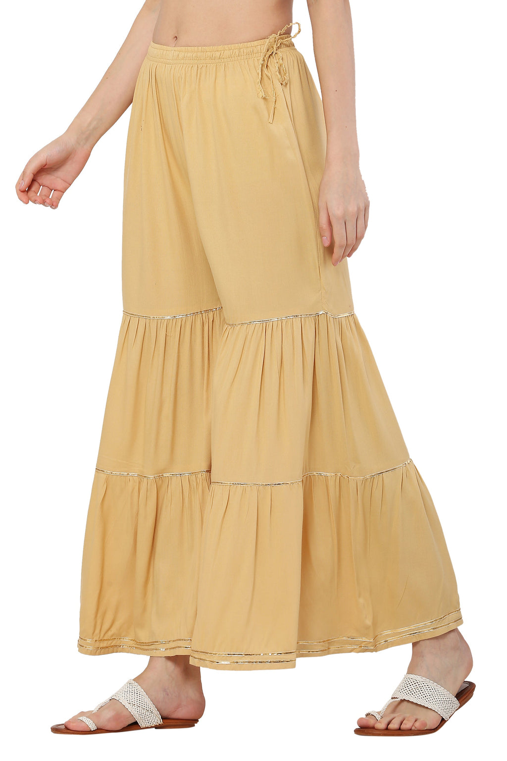 PAVONINE Beige Color 3-Panels Golden Gota Flared Sharara For Women