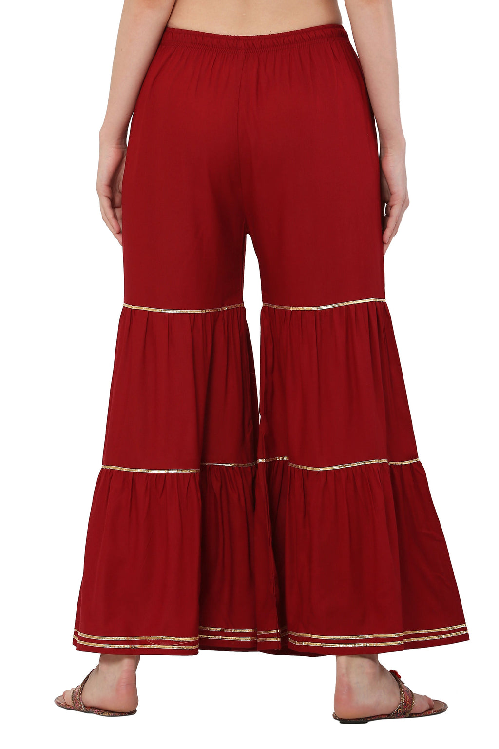 PAVONINE Maroon Color 3-Panels Golden Gota Flared Sharara For Women