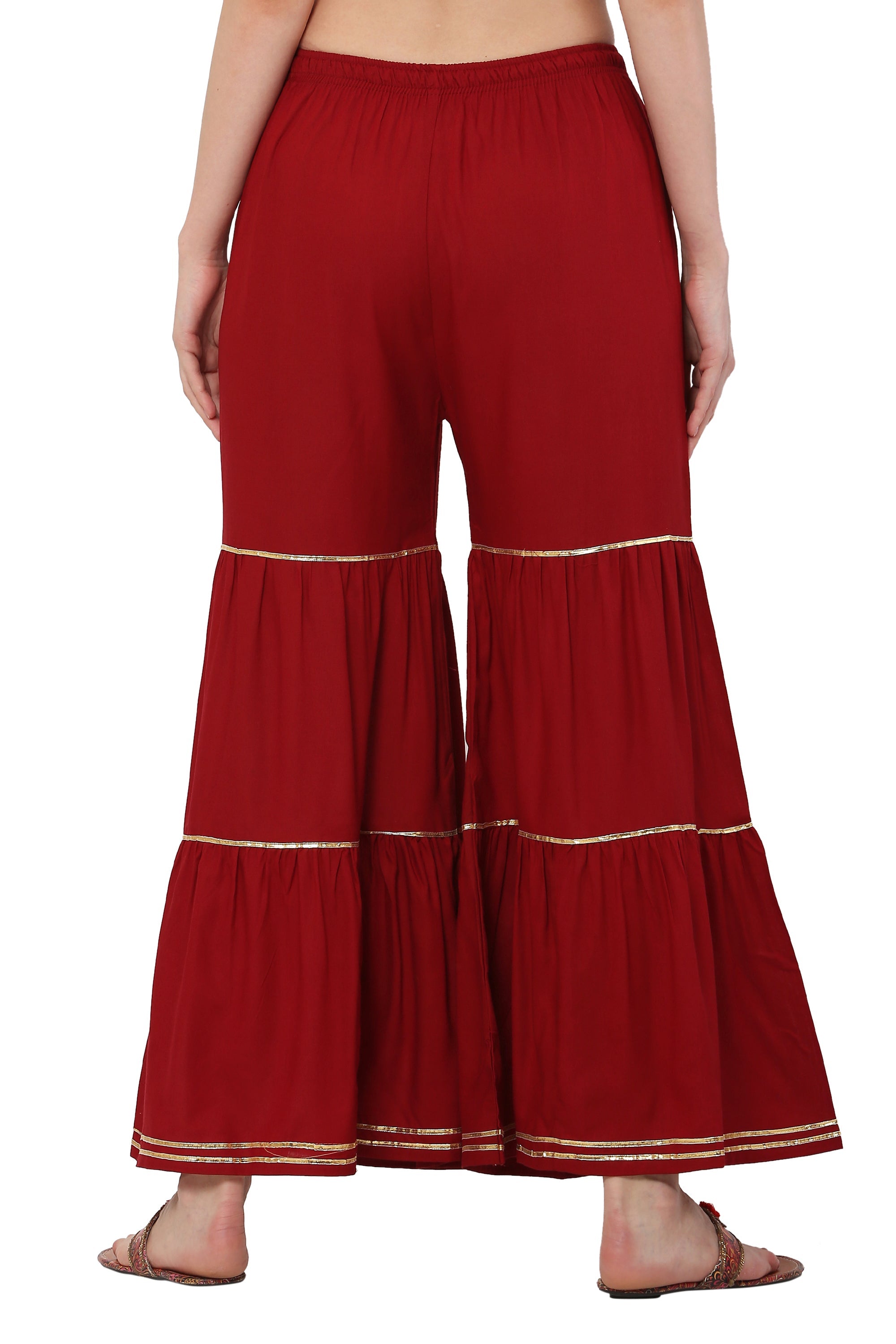 PAVONINE Maroon Color 3-Panels Golden Gota Flared Sharara For Women