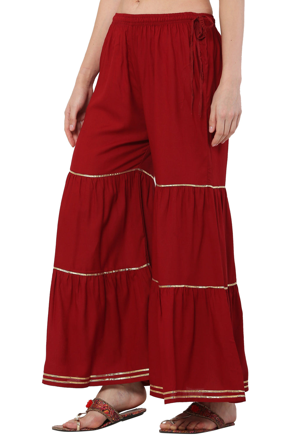 PAVONINE Maroon Color 3-Panels Golden Gota Flared Sharara For Women