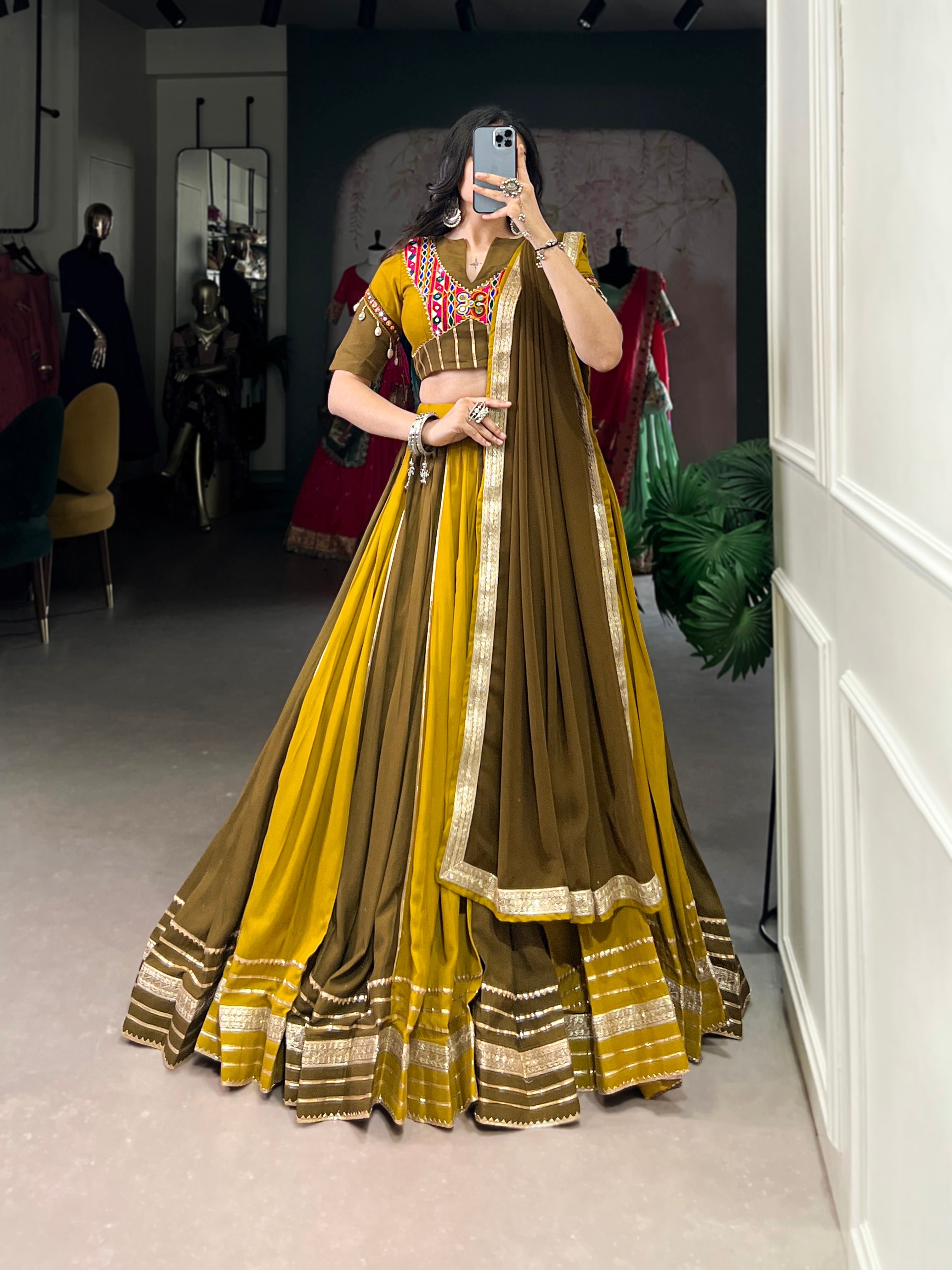 Lorenvalley Mustard Pure Rayon Sequins Lace With Gota Patti Lace Touch Up Lehenga Choli with Dupatta