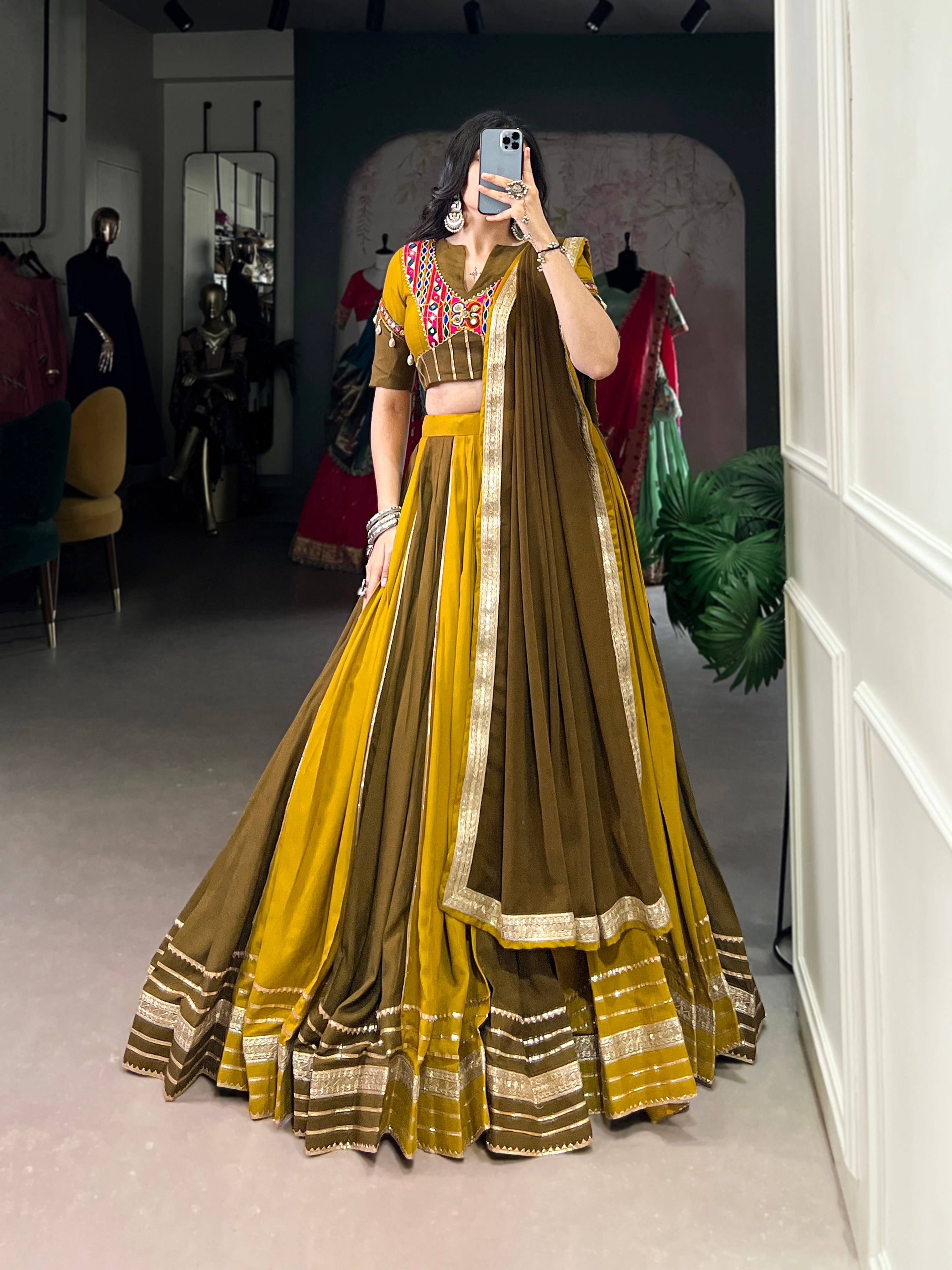Lorenvalley Mustard Pure Rayon Sequins Lace With Gota Patti Lace Touch Up Lehenga Choli with Dupatta