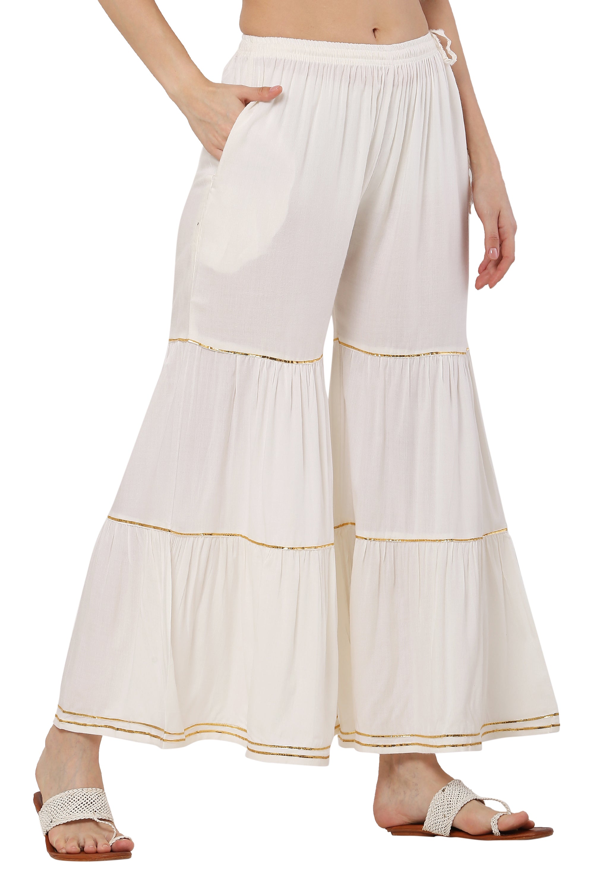 PAVONINE Off White Color 3-Panels Golden Gota Flared Sharara For Women