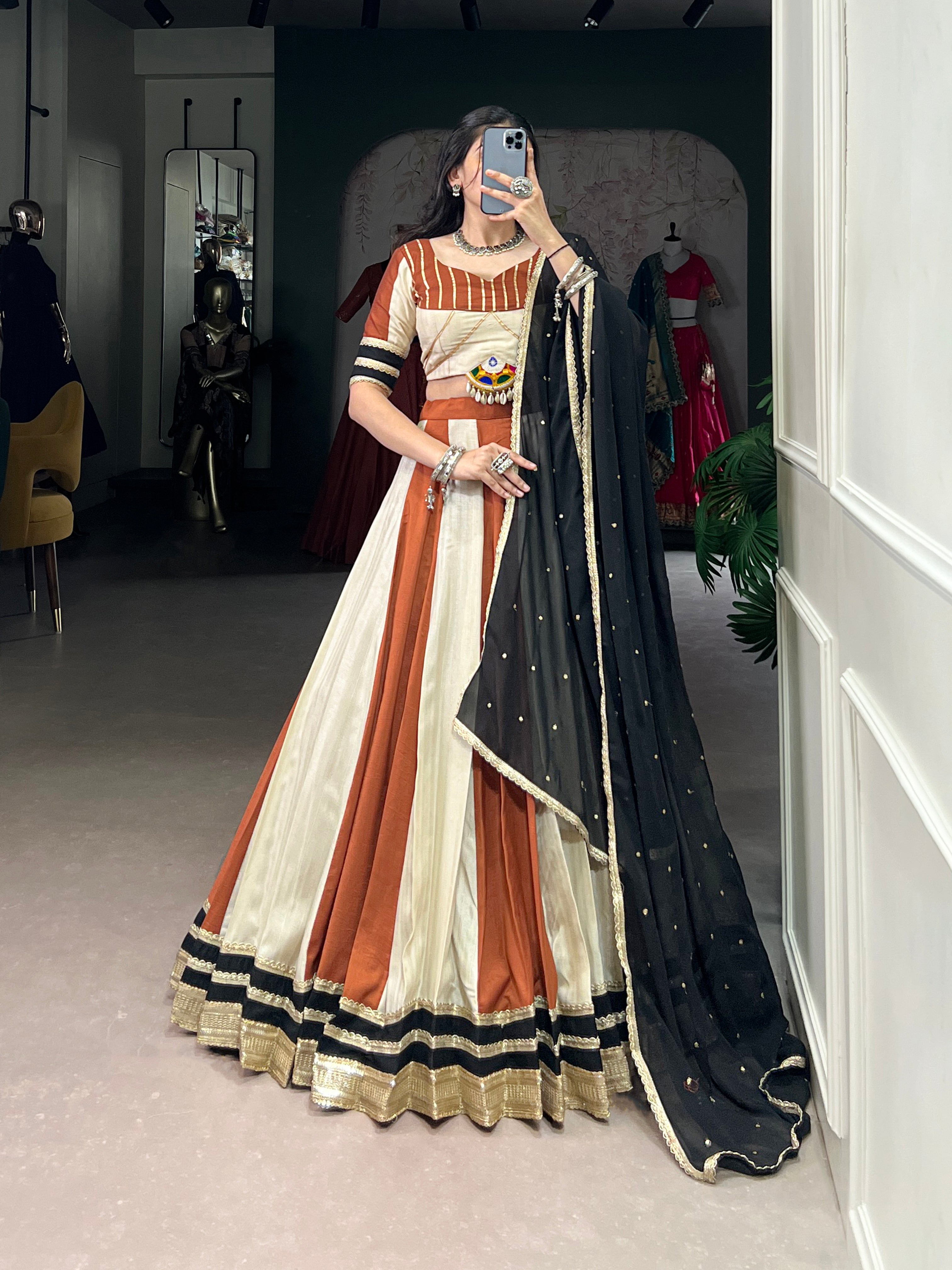 Lorenvalley Cream Chinon Sequins Lace Touch Up Lehenga Choli with Dupatta