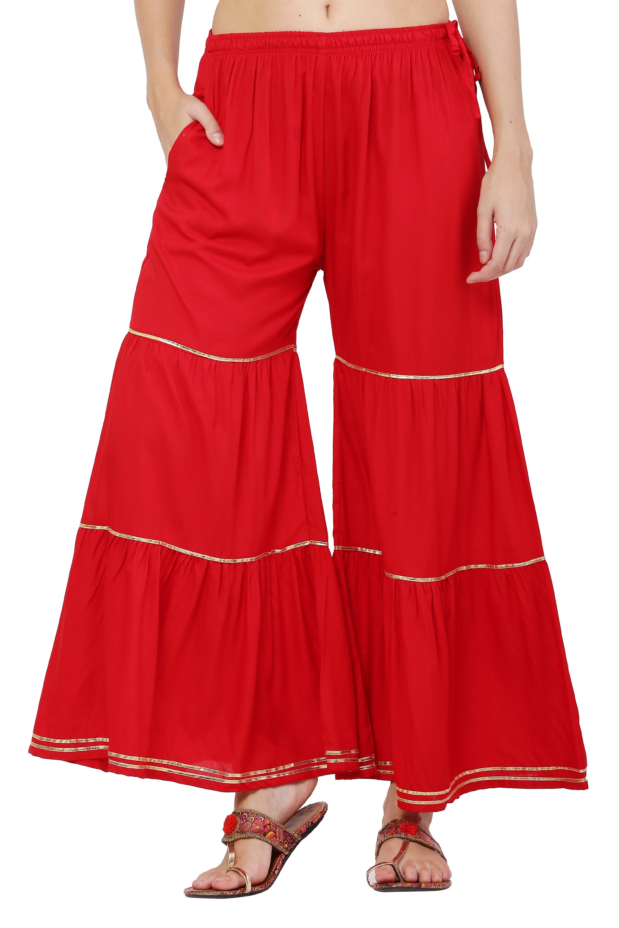 PAVONINE Red Color 3-Panels Golden Gota Flared Sharara For Women
