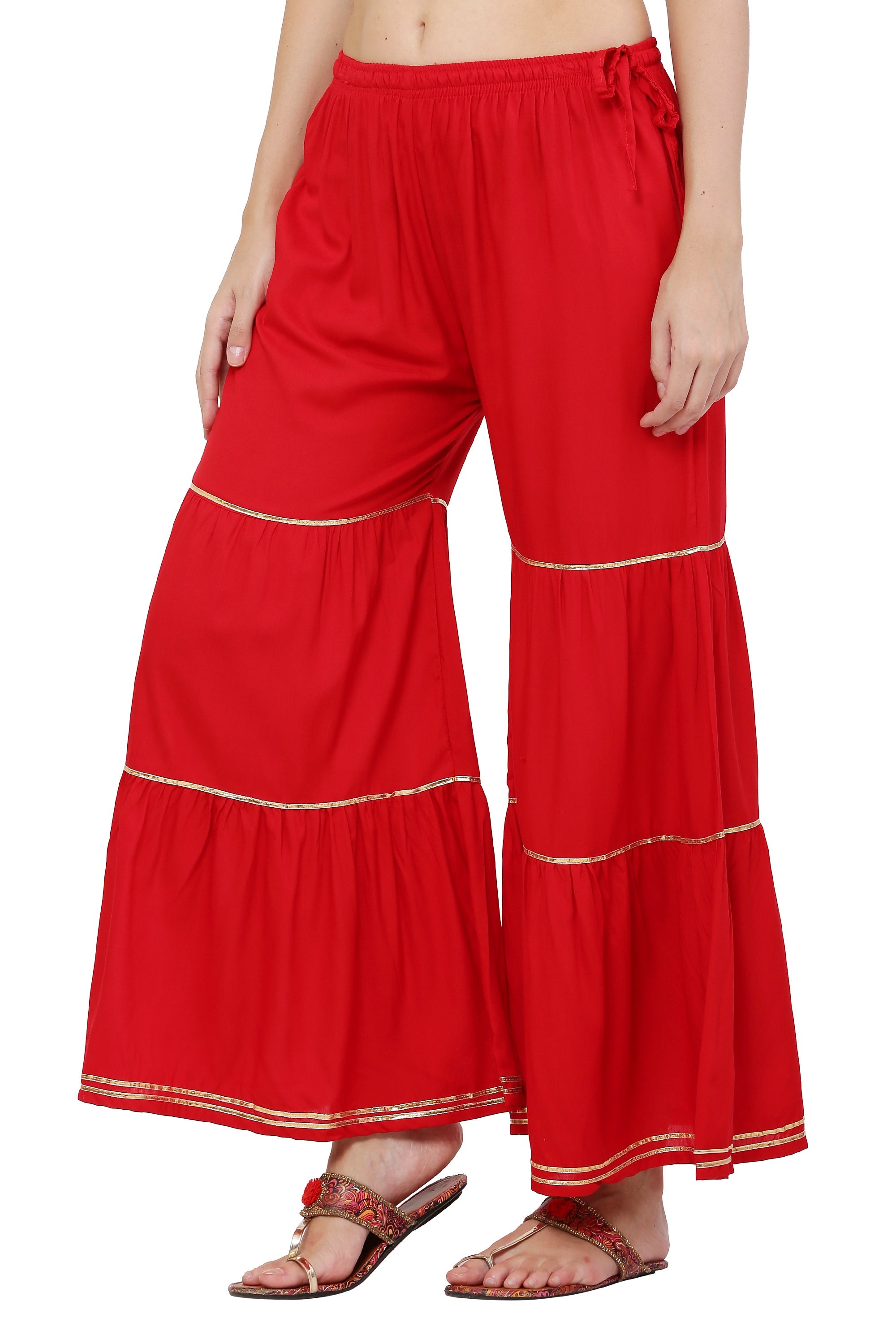 PAVONINE Red Color 3-Panels Golden Gota Flared Sharara For Women