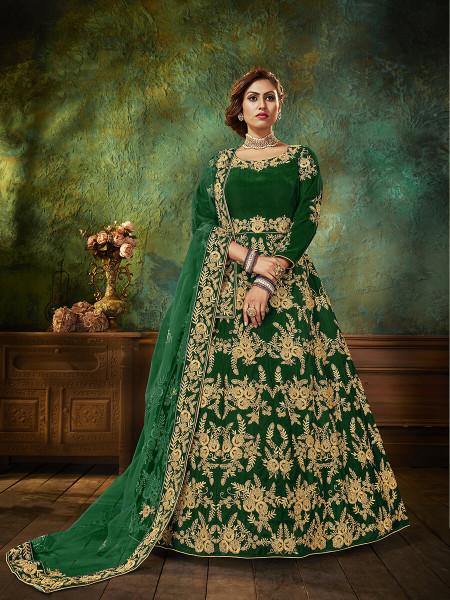 Myra Green Velvet Embroidered Anarkali Suit