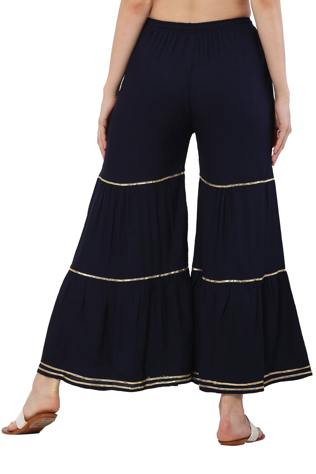 PAVONINE Navy Blue Color 3-Panels Golden Gota Flared Sharara For Women