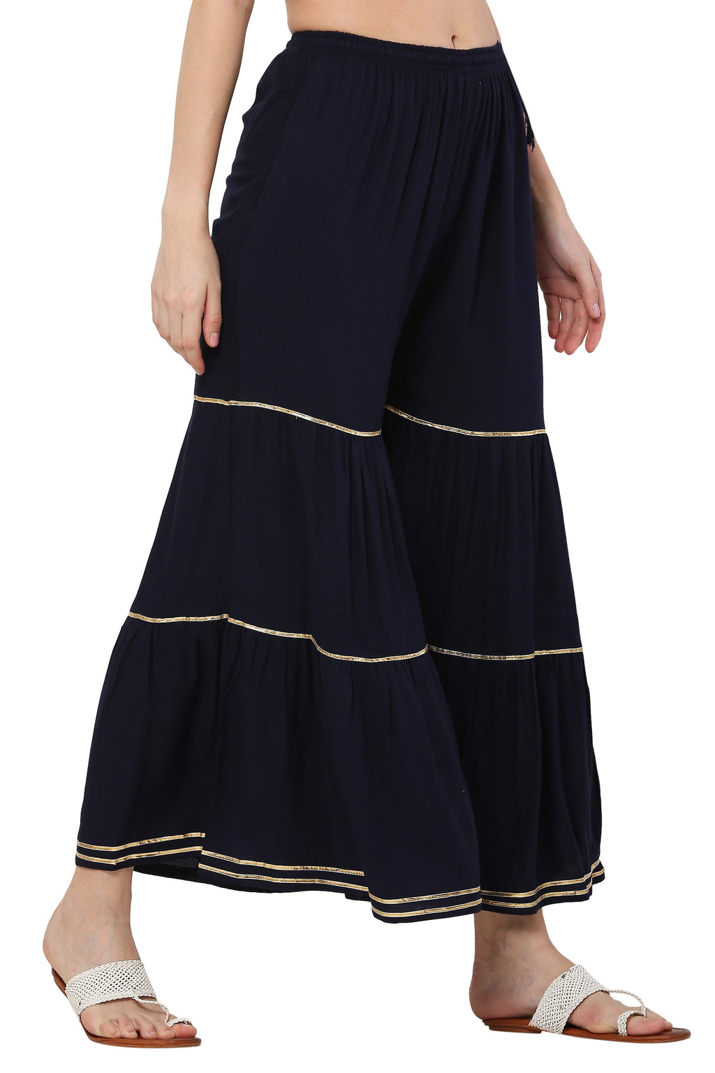 PAVONINE Navy Blue Color 3-Panels Golden Gota Flared Sharara For Women