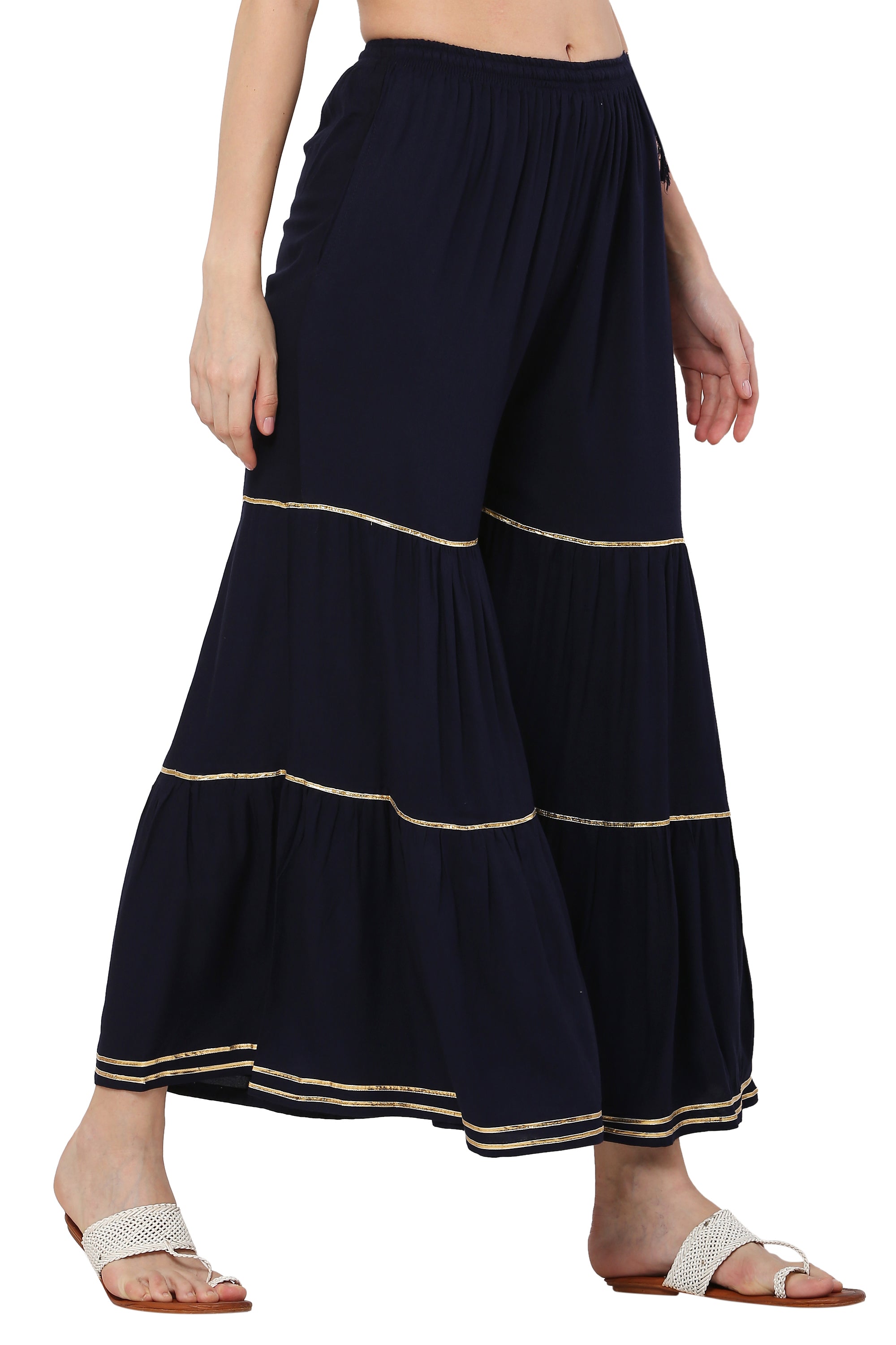 PAVONINE Navy Blue Color 3-Panels Golden Gota Flared Sharara For Women