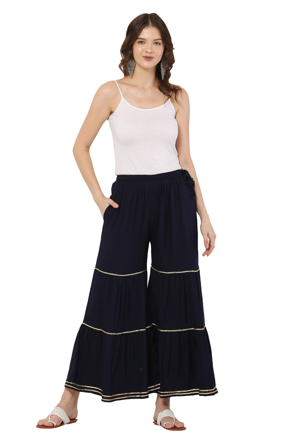 PAVONINE Navy Blue Color 3-Panels Golden Gota Flared Sharara For Women
