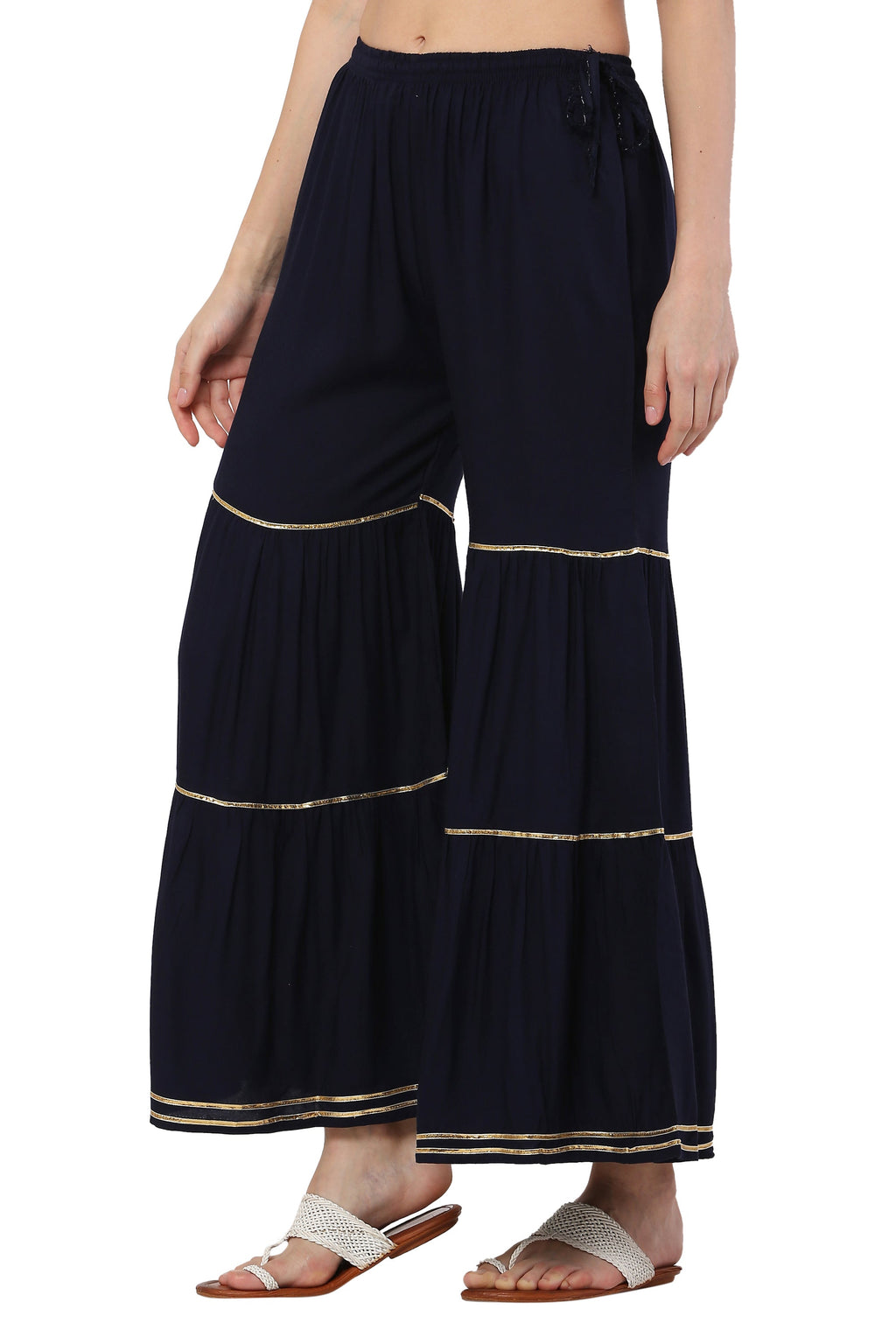 PAVONINE Navy Blue Color 3-Panels Golden Gota Flared Sharara For Women
