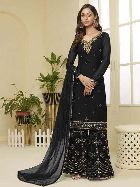 Myra Black Georgette Embroidered Palazzo Suit