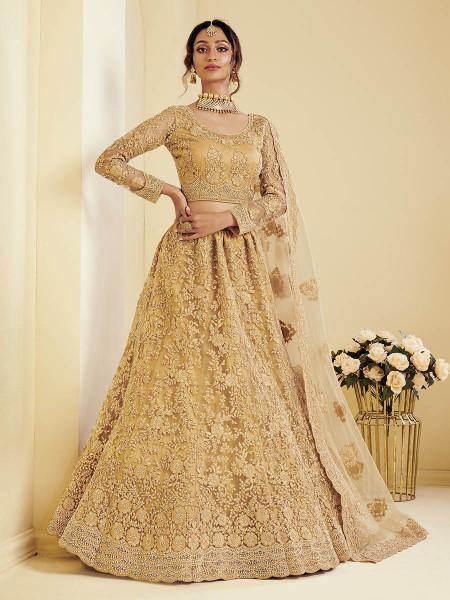 Myra Beautiful Golden Heavy Embroidered Net Bridal Lehenga