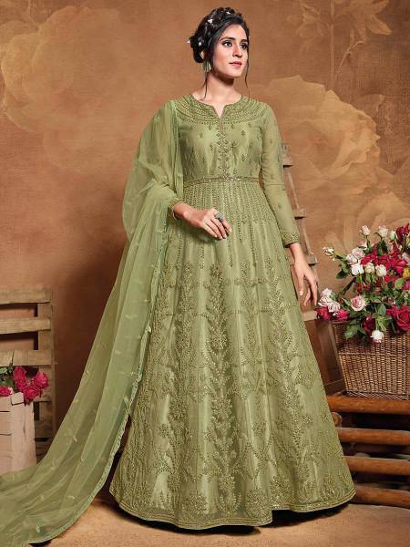 Myra Beautiful Pista Butterfly Net Embroidered Anarkali Suit