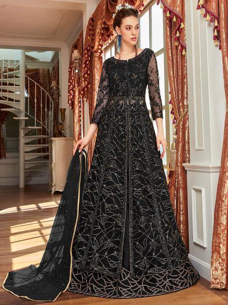 Myra Black Net Embroidered Gown