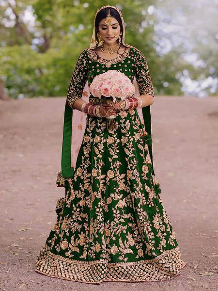 Myra Green Heavy Embroidered Velvet Bridal Lehenga