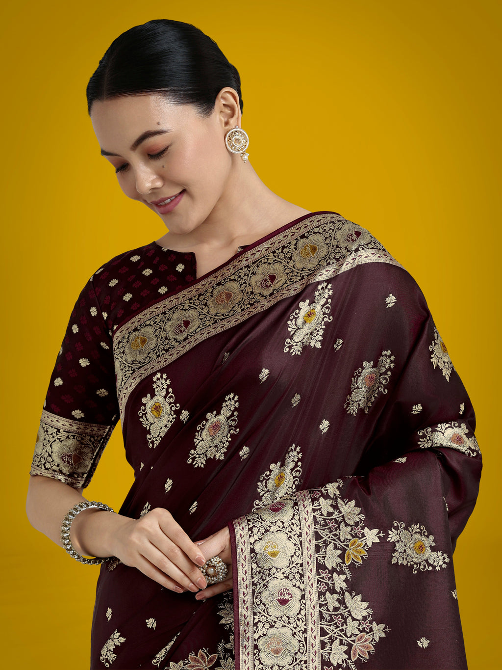 Monjolika Fashion Dark Maroon Glamour and Tradition With This Zari Woven Banarasi Satin Silk Saree