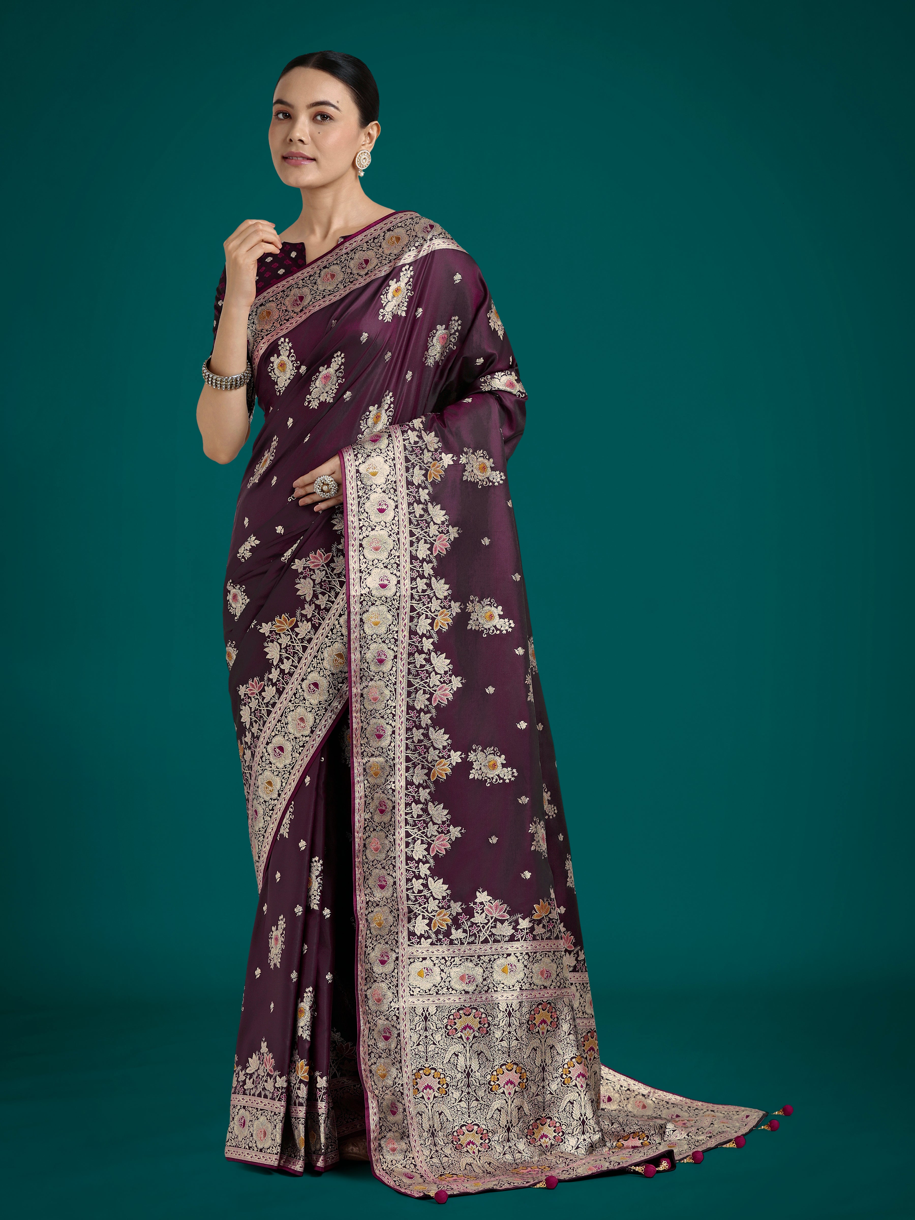 Monjolika Fashion Dark Wine Glamour and Tradition With This Zari Woven Banarasi Satin Silk Saree