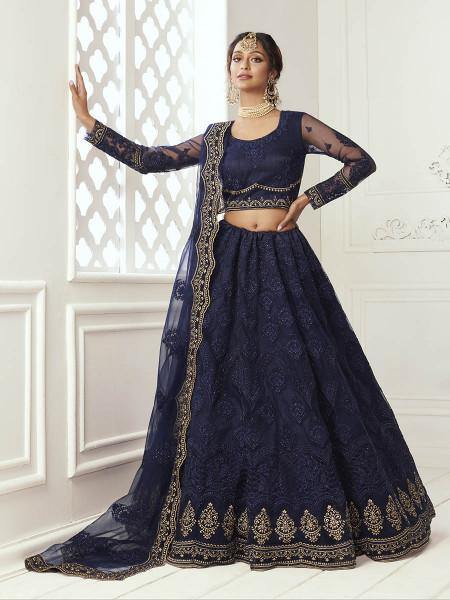 Myra Navy Blue Heavy Embroidered Net Bridal Lehenga