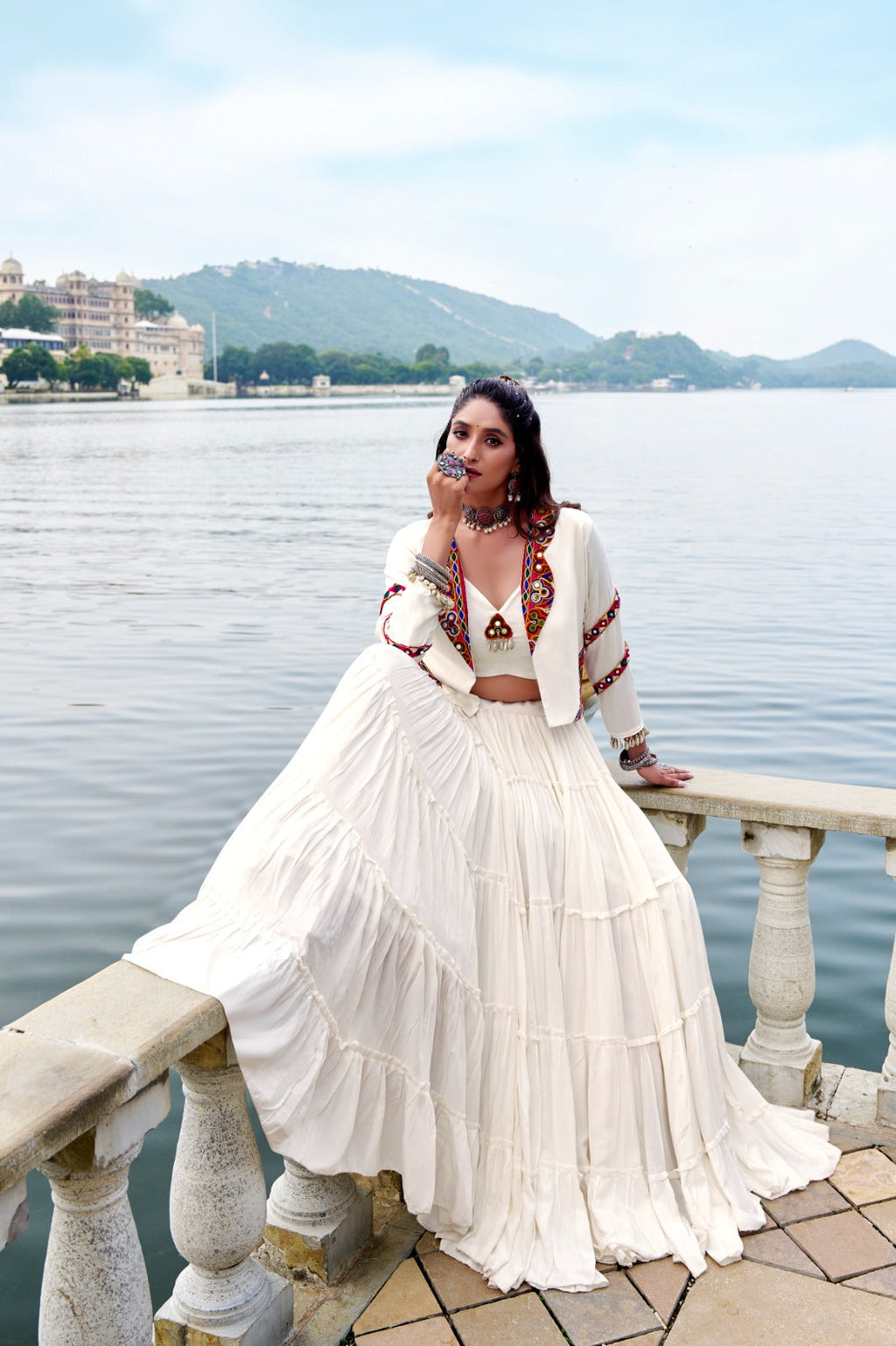 Lorenvalley Fashion White Pure Rayon Plain Frill Lehenga Choli with Koti