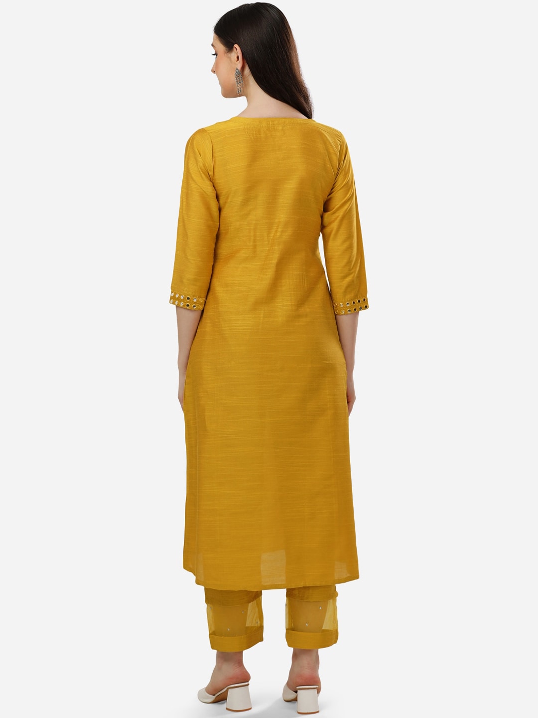 HERE&NOW Women Mustard Yellow Embroidered Panelled Mirror Work Kurta with Trousers