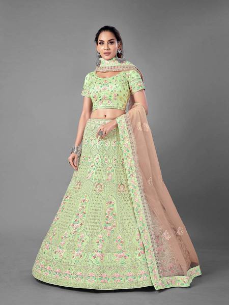 Myra Bridal Lehenga in Pista Heavy Embroidered Soft Net