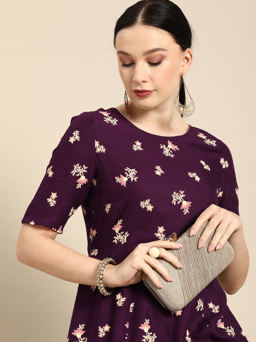 All About You Women Purple Floral Print Regular Kurta with Trousers