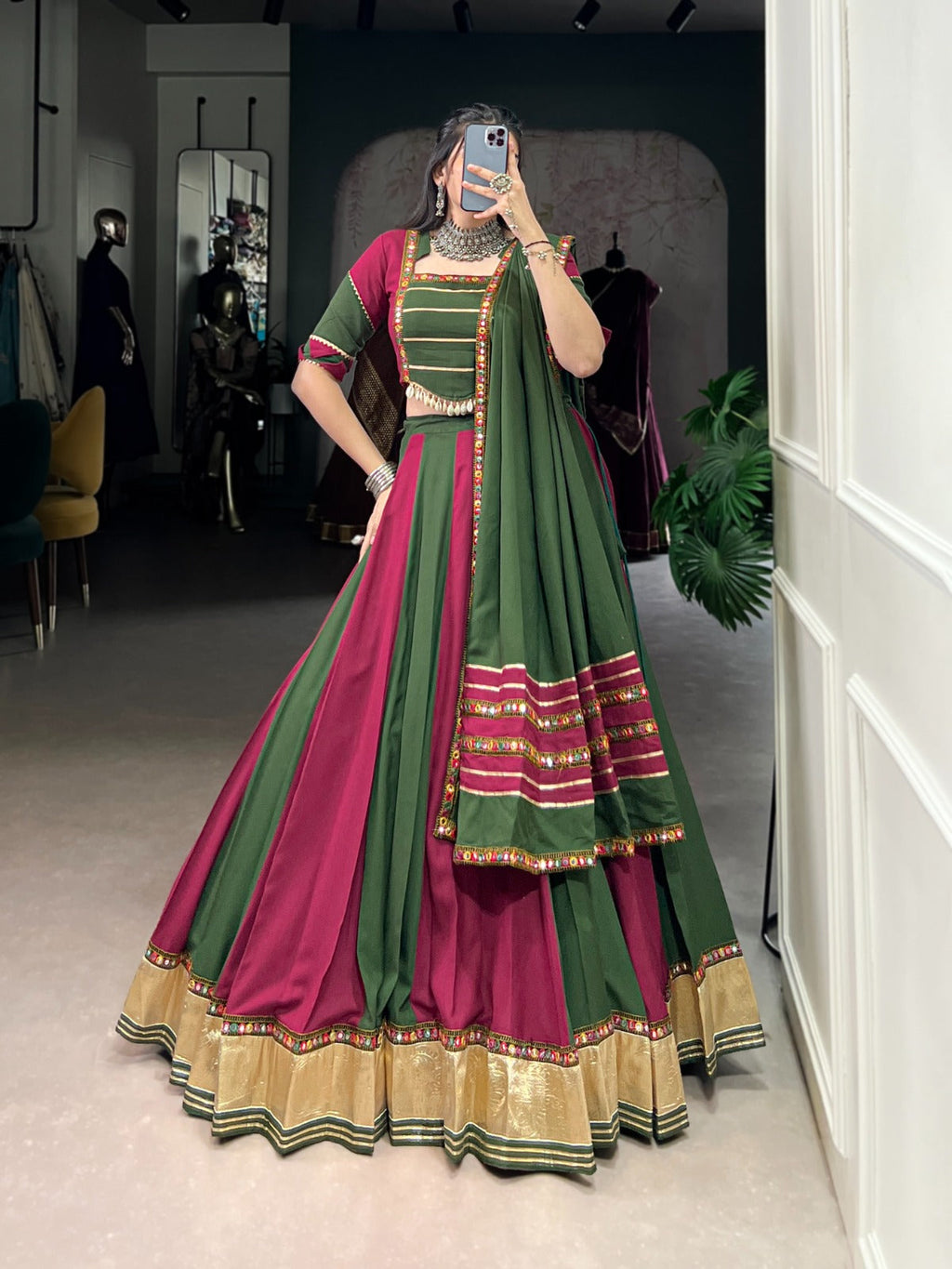 Lorenvalley Pure Rayon Embossed Design Lace With Gotta Patti And Peper Mirror Work Lace Touch Up Lehenga Choli with Dupatta