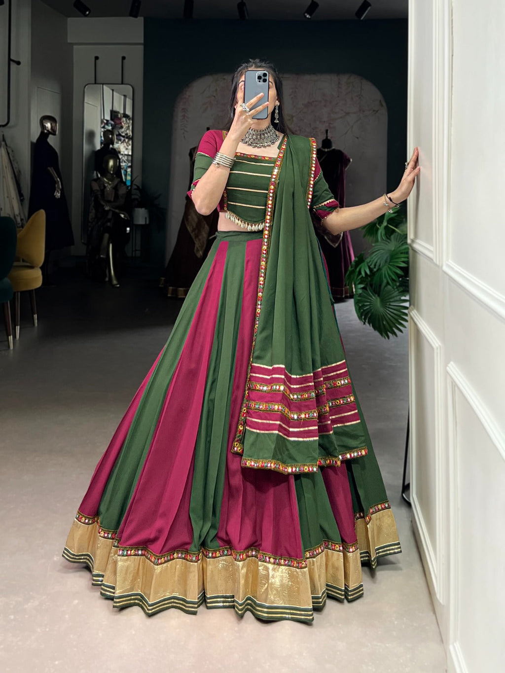 Lorenvalley Pure Rayon Embossed Design Lace With Gotta Patti And Peper Mirror Work Lace Touch Up Lehenga Choli with Dupatta