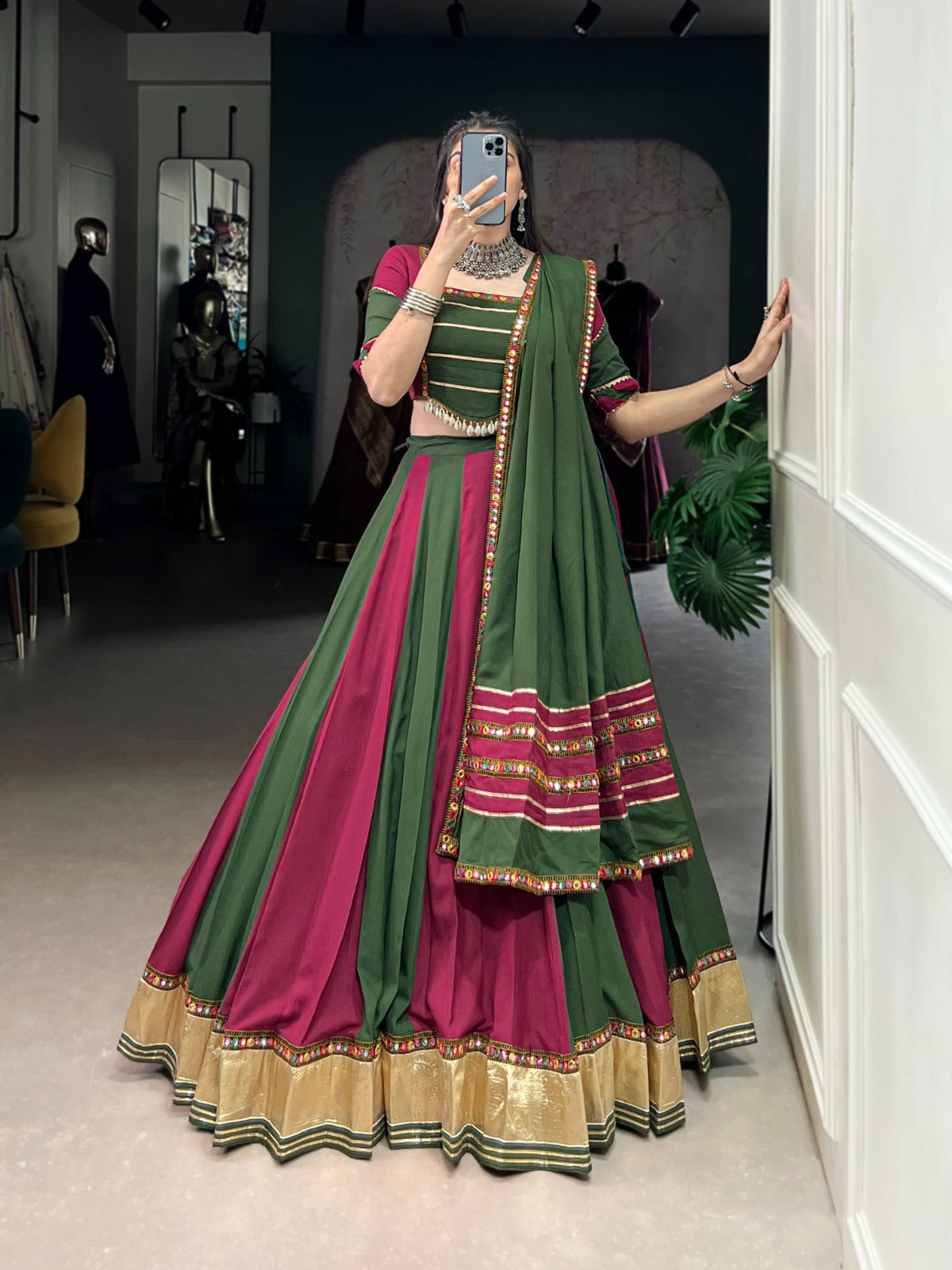 Lorenvalley Pure Rayon Embossed Design Lace With Gotta Patti And Peper Mirror Work Lace Touch Up Lehenga Choli with Dupatta