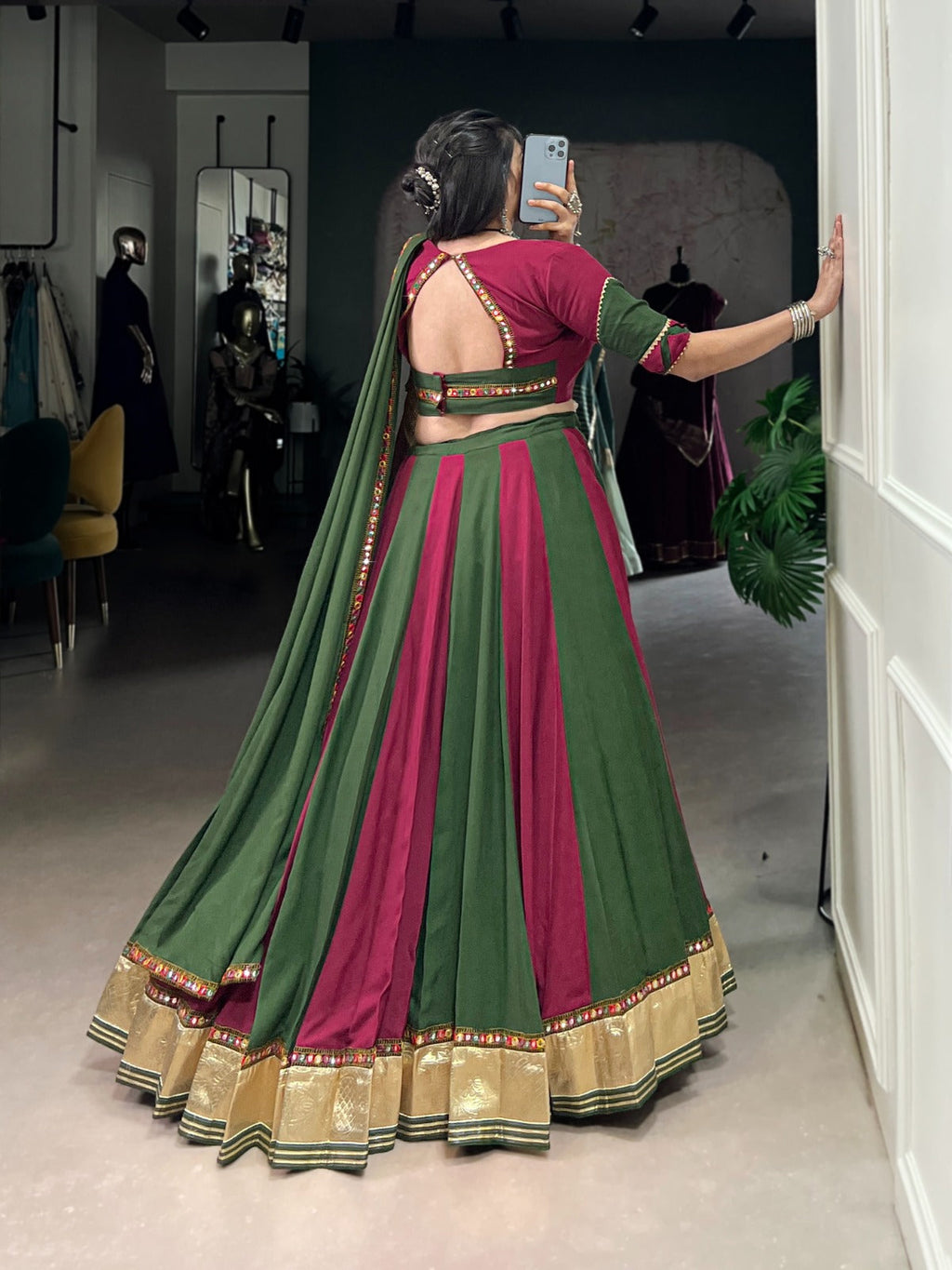 Lorenvalley Pure Rayon Embossed Design Lace With Gotta Patti And Peper Mirror Work Lace Touch Up Lehenga Choli with Dupatta