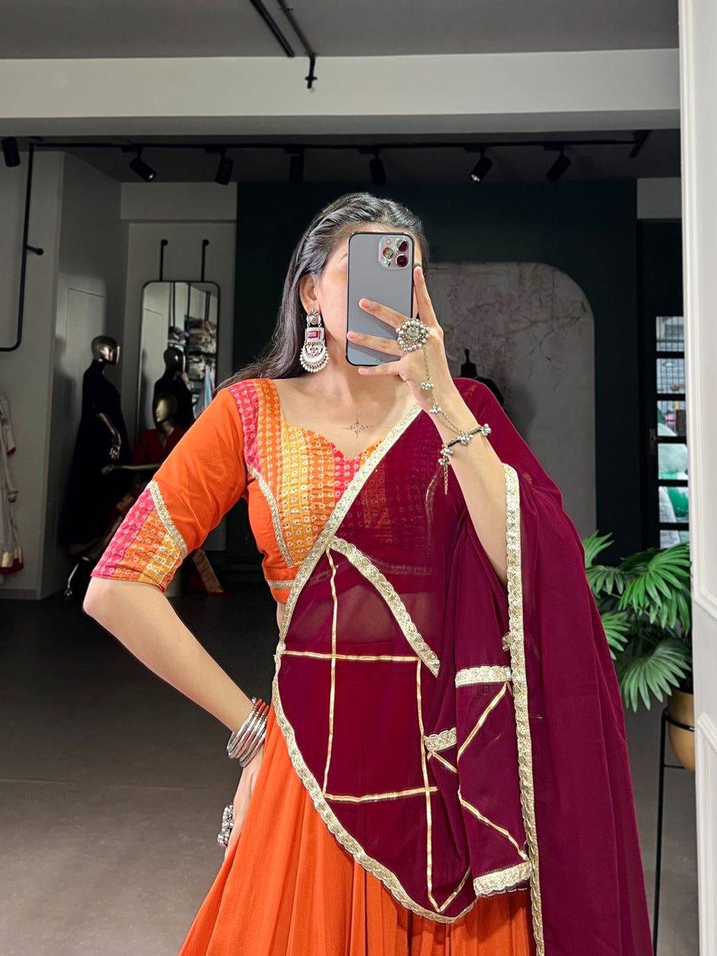 Lorenvalley Fashion Orange Pure Rayon Bandhej Print with Sequins Lace Boarder Lehenga Choli with Dupatta