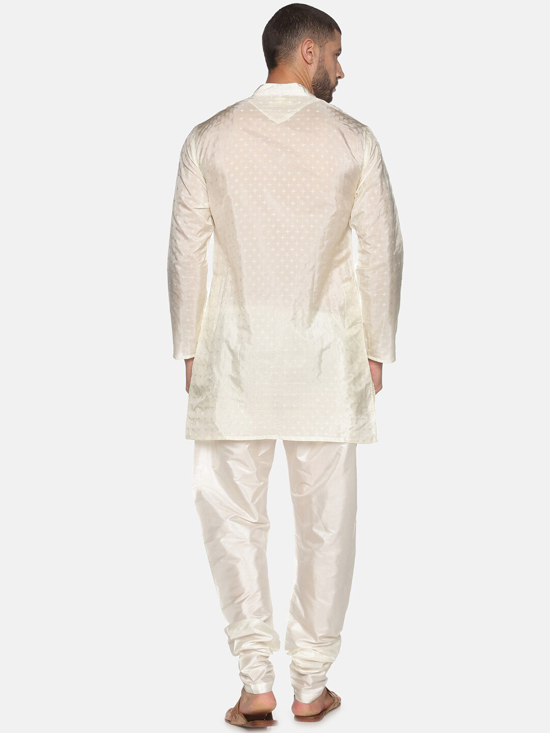 Sethukrishna Men Cream-Coloured Woven Design Kurta with Churidar