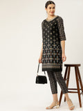 All About You Women Black & Golden Printed Sequinned Kurta with Trousers