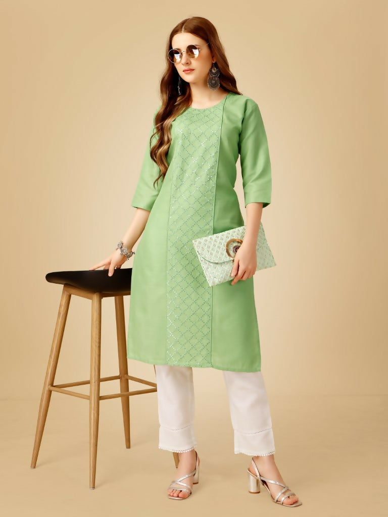 Jyoti Fashion Women's Lime Green Cotton Blend Embroidered Kurta Pant Set